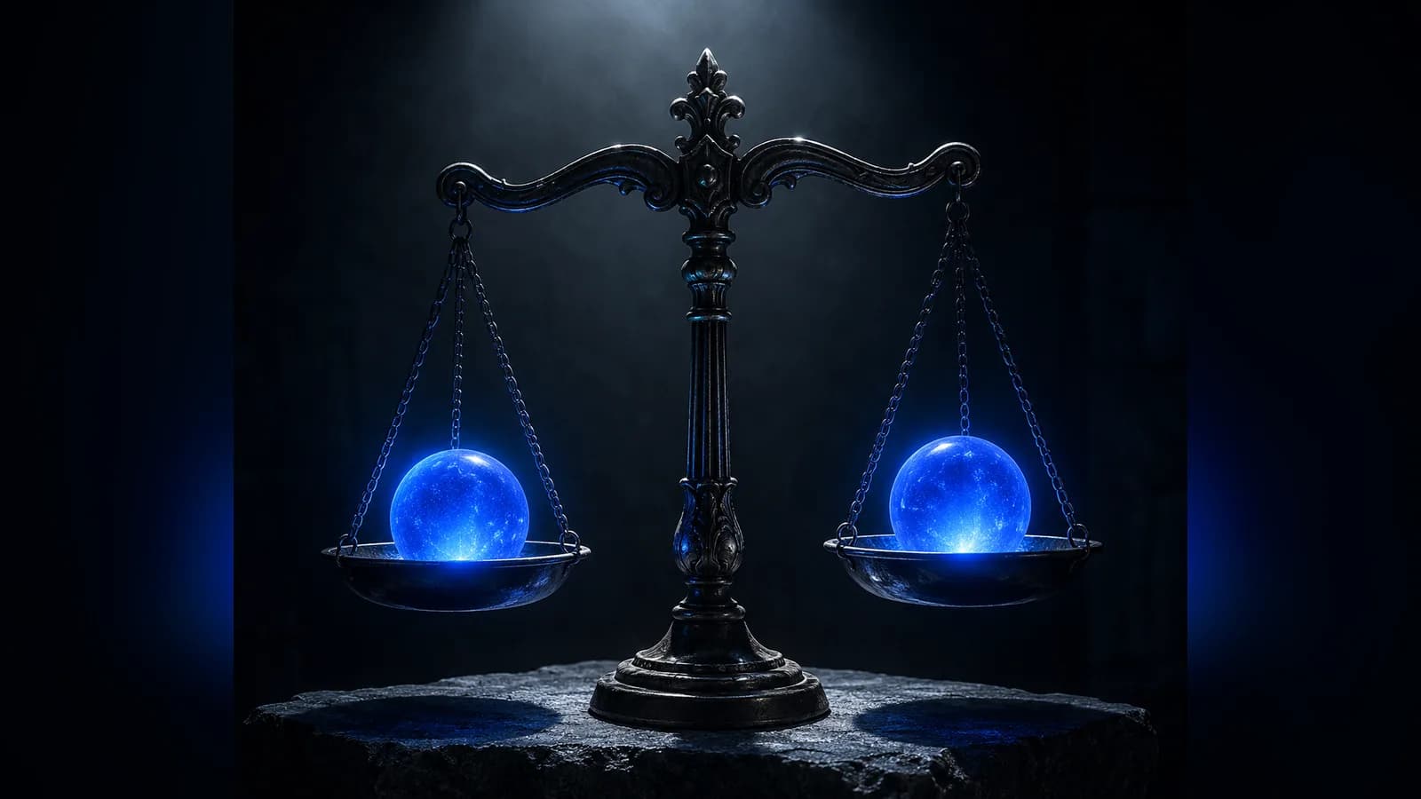 A dark, monochrome scale of justice holding two glowing blue orbs in balance, symbolising the AI Act's line between what must be labelled and what does not.
