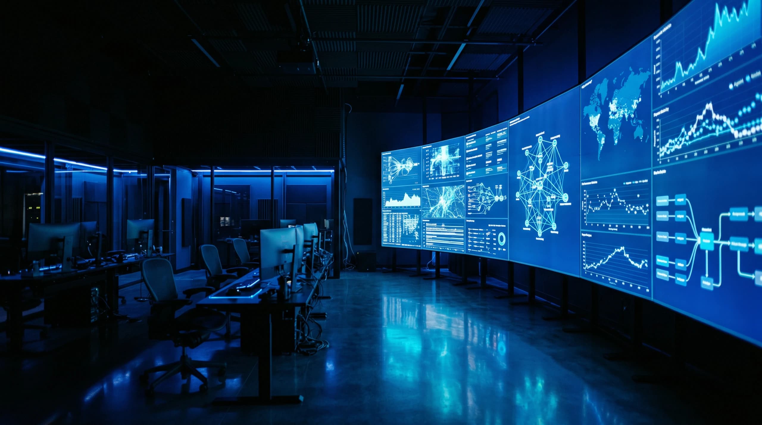 A dark operations room with a curved wall of glowing blue dashboards showing live AI activity