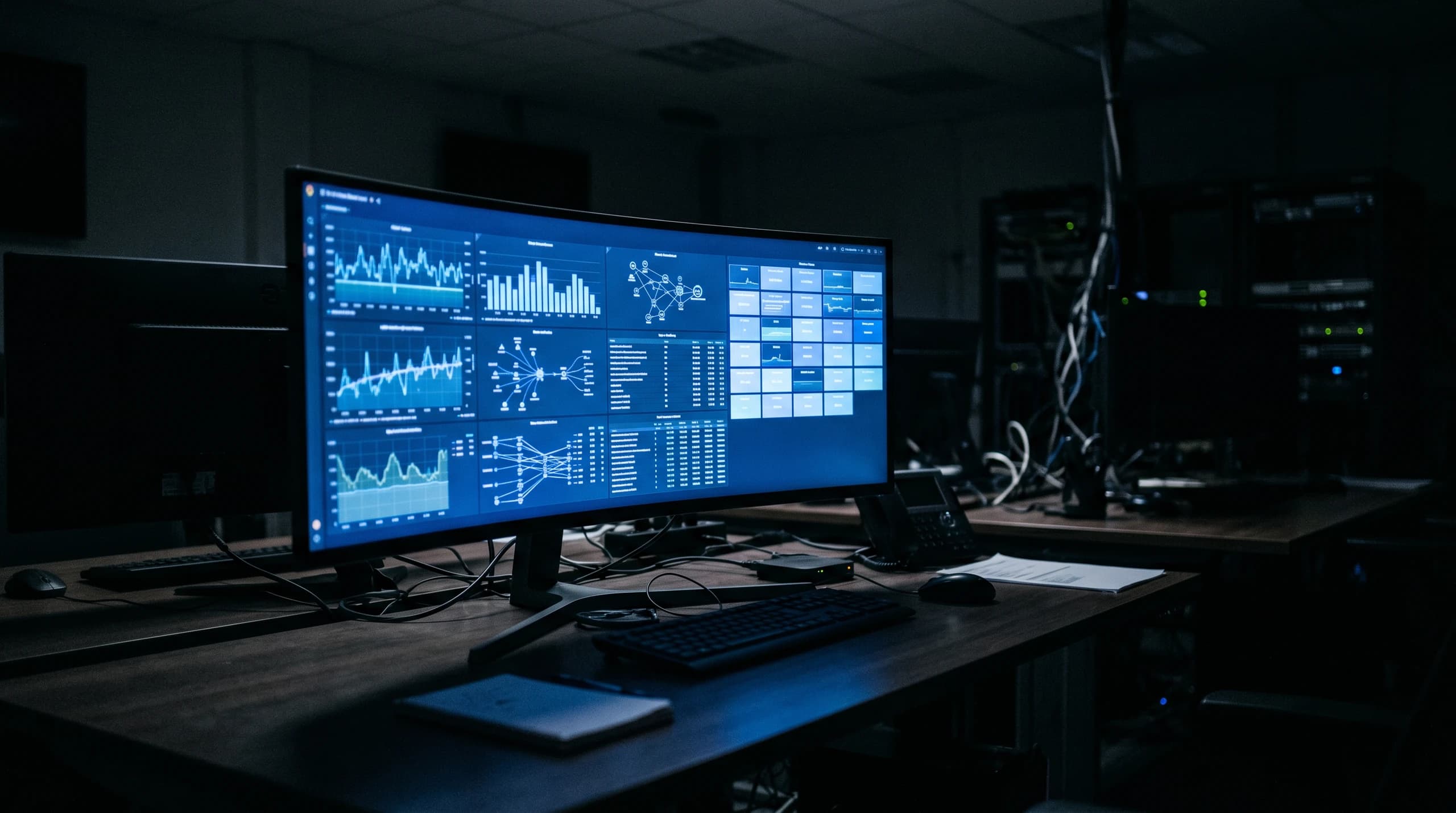 A monitor in a dark operations room showing a live blue production dashboard