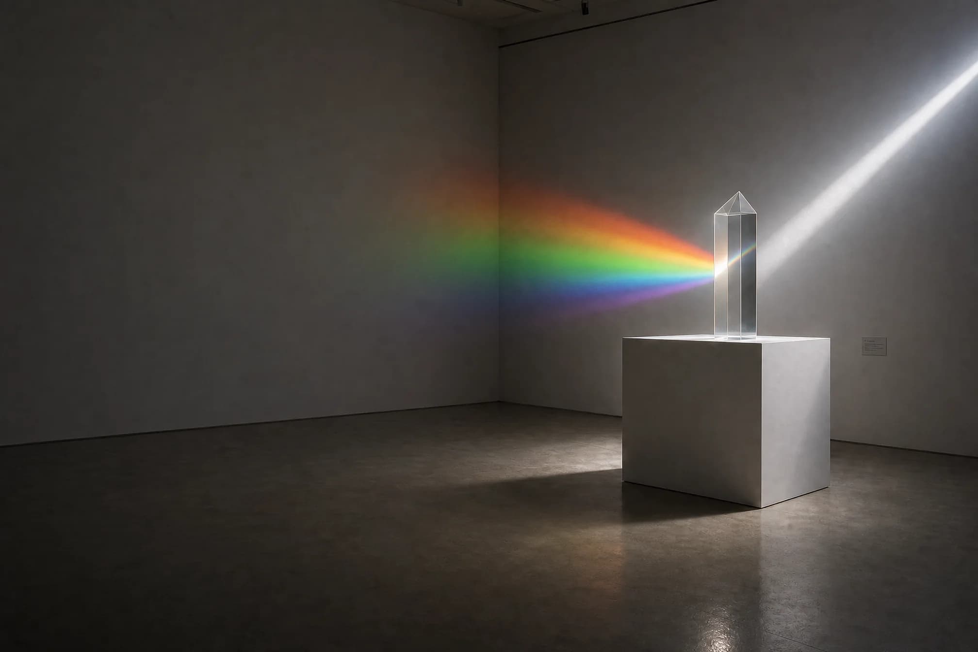 A crystal prism on a white pedestal in a dark gallery splits a beam of light into a full rainbow spectrum across the wall