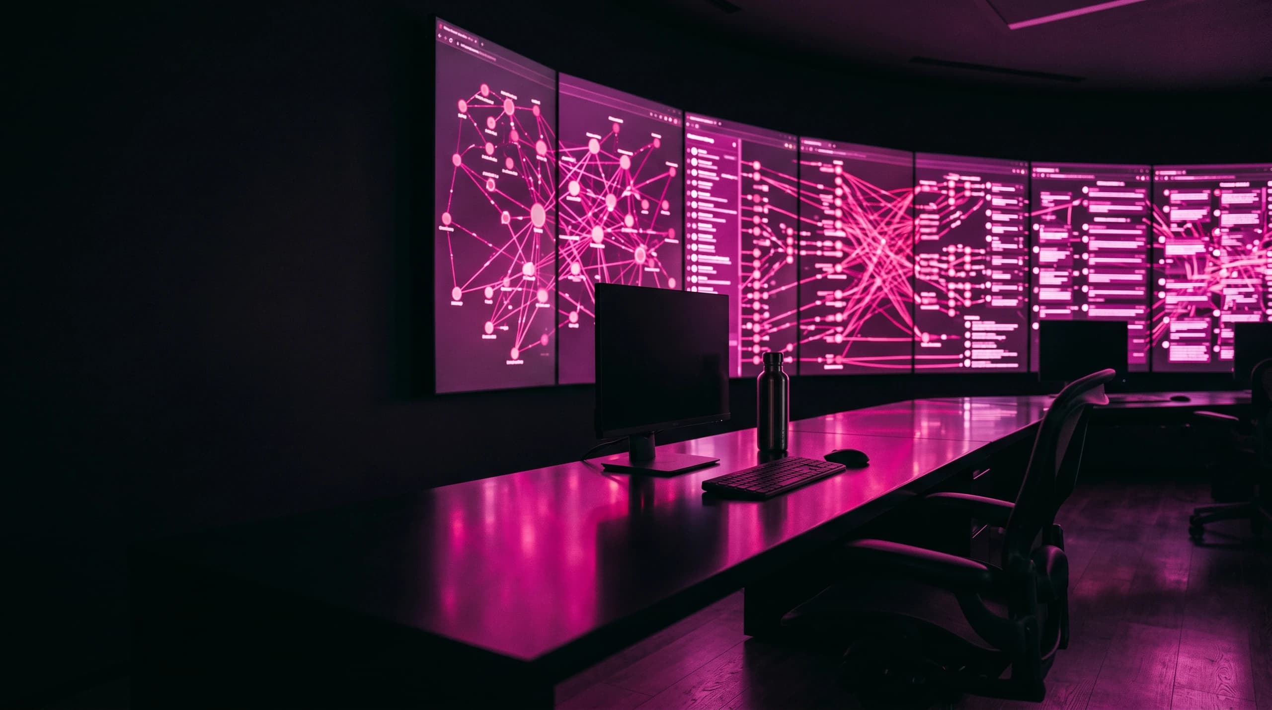 A dark operations room with a curved wall of glowing magenta screens showing a live network of connected leads and conversation threads