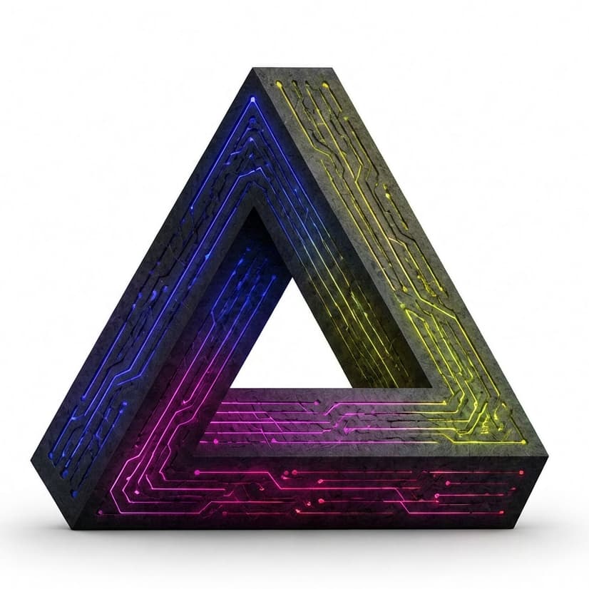Impossible triangle with circuit traces in blue, yellow and magenta - IT, AI and marketing unified