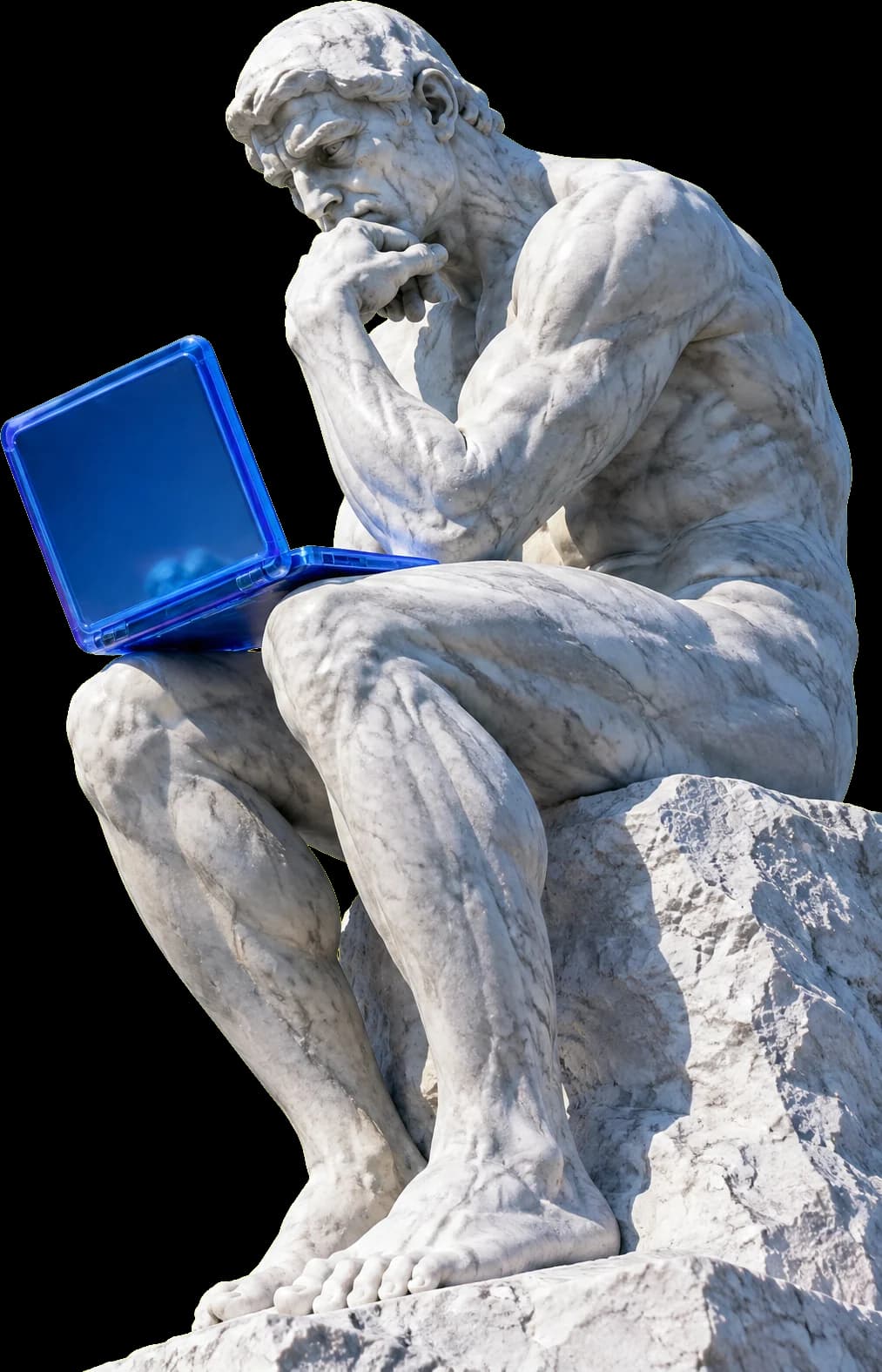 The Thinker statue working on a laptop