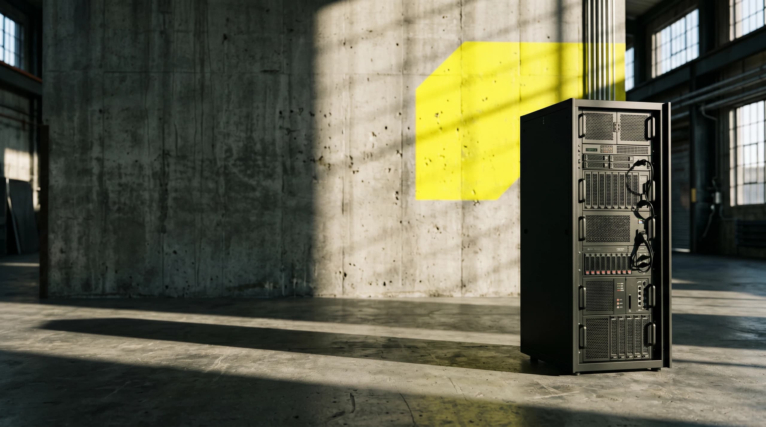 A matte-black server rack on polished concrete in front of a yellow-marked industrial wall