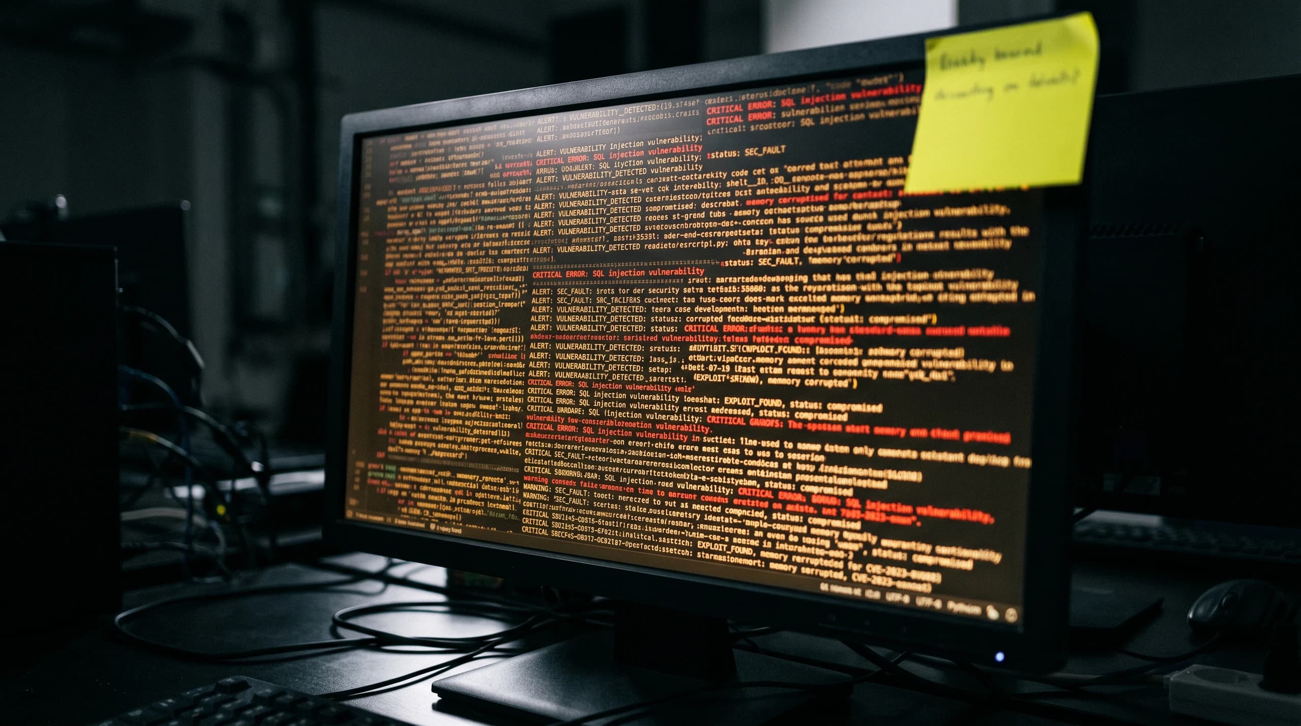 A developer monitor showing dense code flagged with security warnings