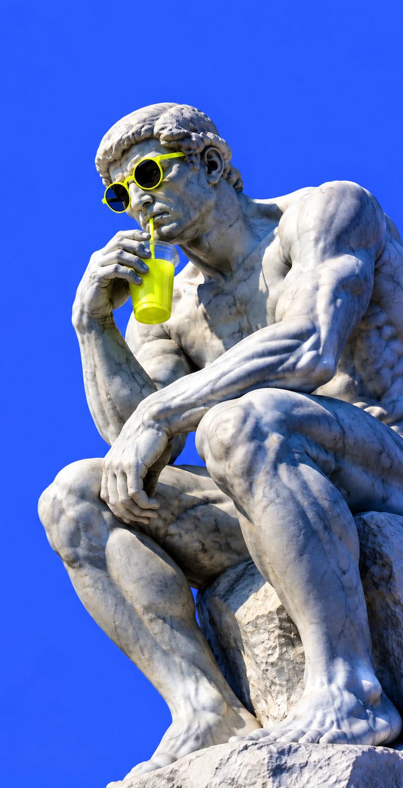 The Thinker statue in lime sunglasses, drinking a lime soda through a straw