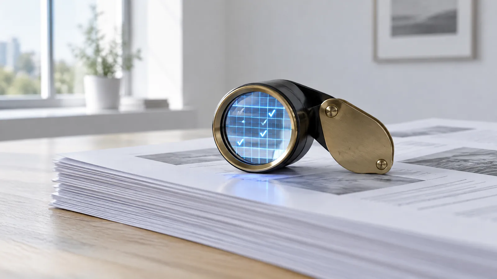 A jeweller's loupe resting on a stack of printed pages, with a glowing blue inspection grid and check marks visible through the lens - checking an AI agent's work before accepting it.