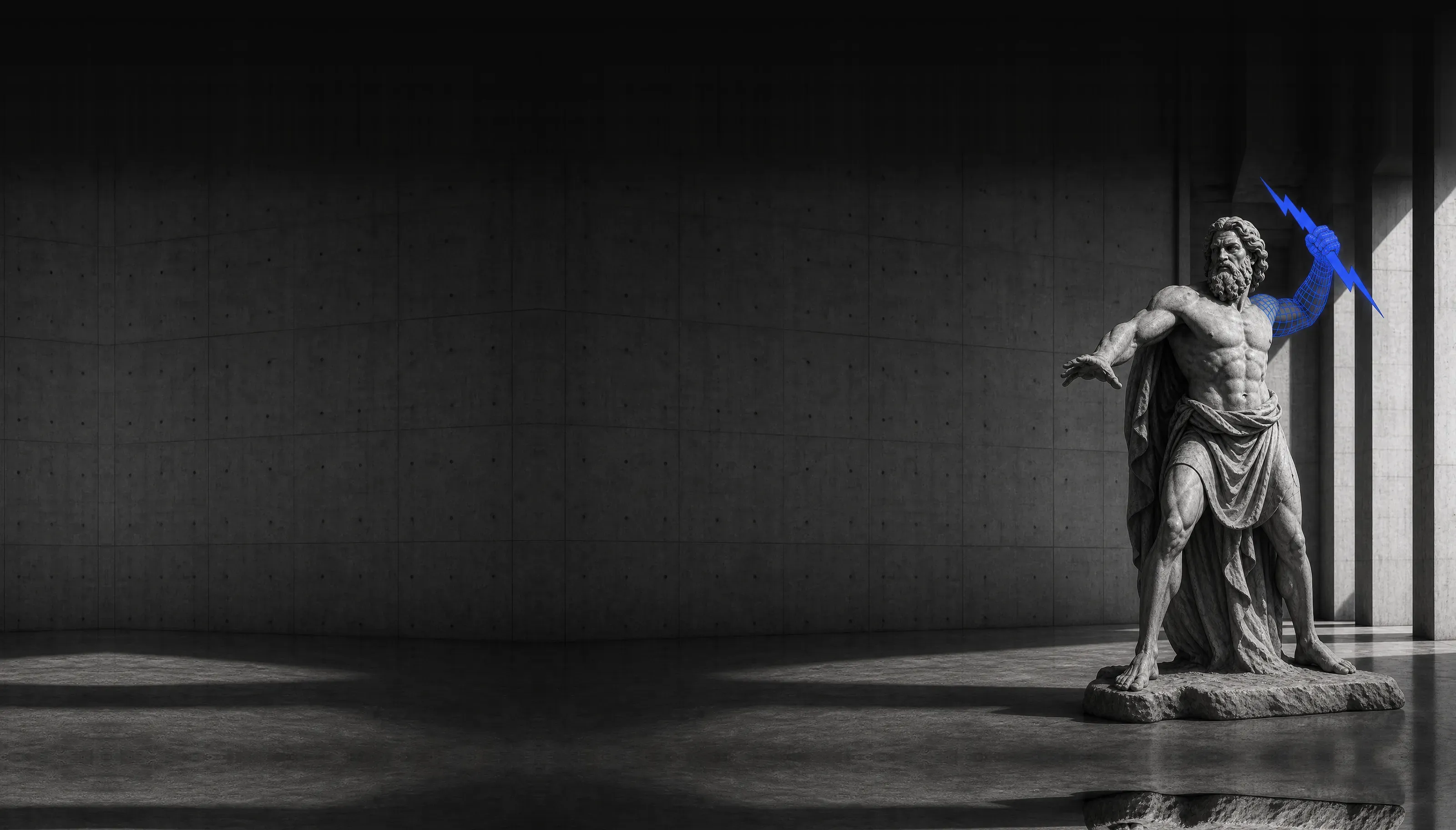 A dark, sculptural figure lit in blue - the operator's calm control over AI put to work.