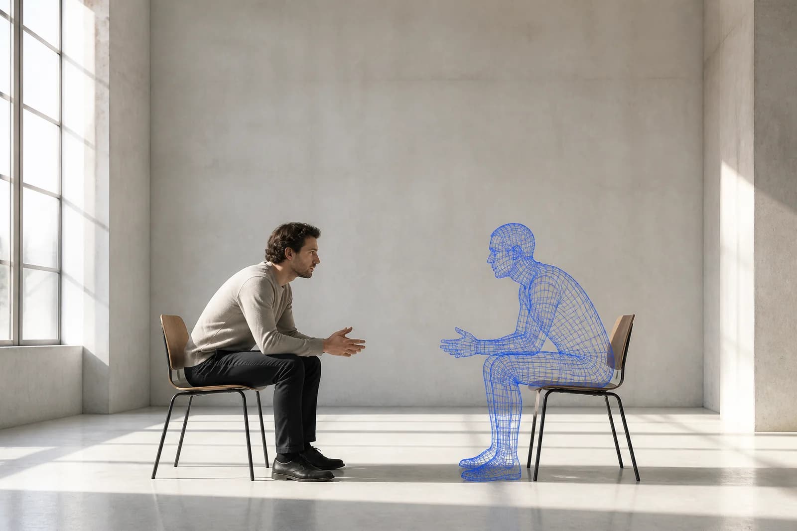 A man sits in conversation with a blue wireframe figure of himself - AI working as a counterpart that knows the business, not a generic tool.
