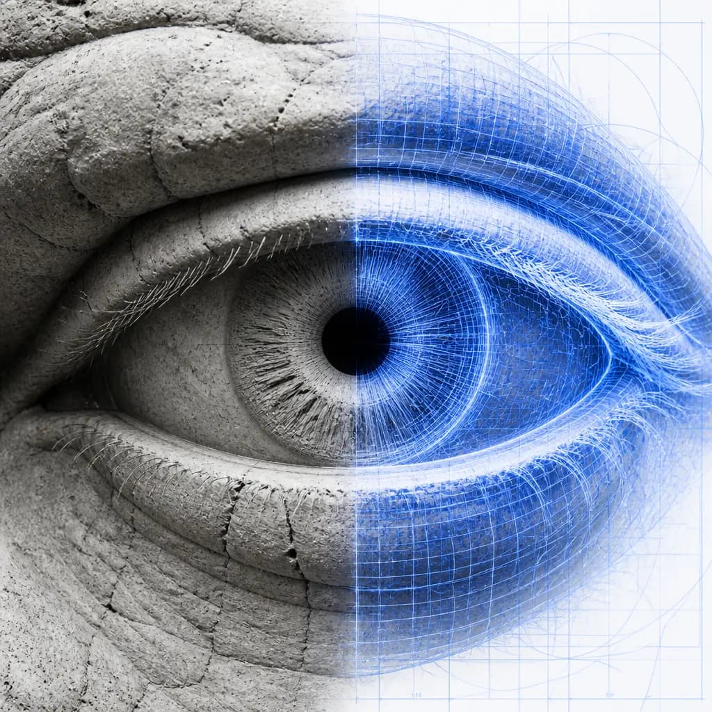 A close-up eye, half rendered as weathered stone and half as a blue machine-vision wireframe - the human question meeting the machine that reads and answers it.