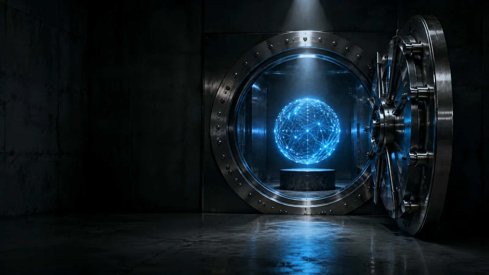 An open steel bank vault in a dark concrete room, with a glowing blue wireframe sphere on a plinth inside - AI kept on hardware you control.